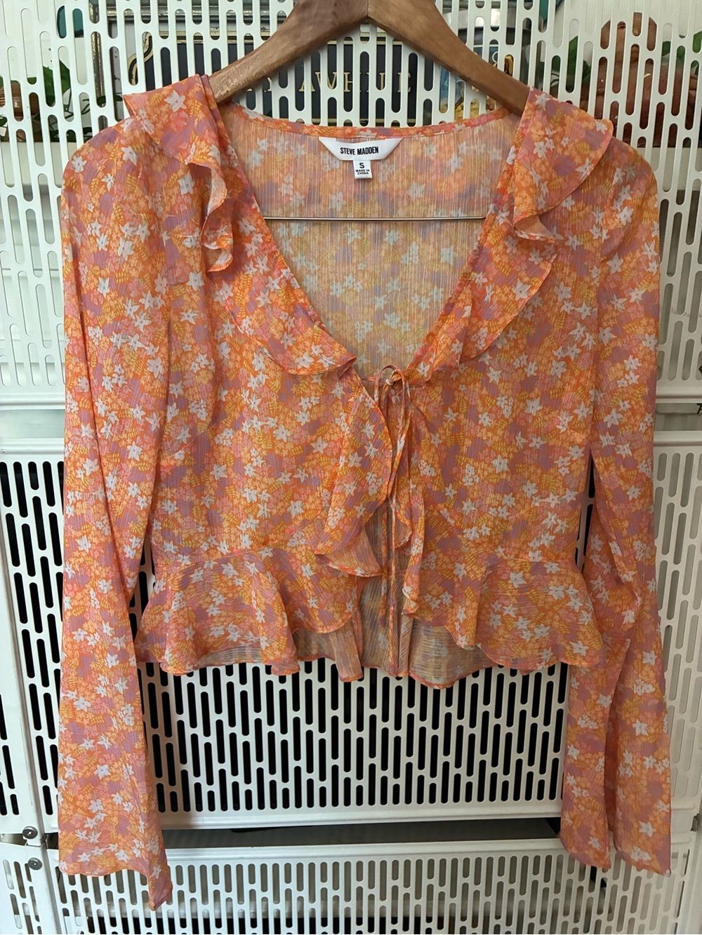 Steve Madden Peach-Orange Floral Ruffle Tie Blouse